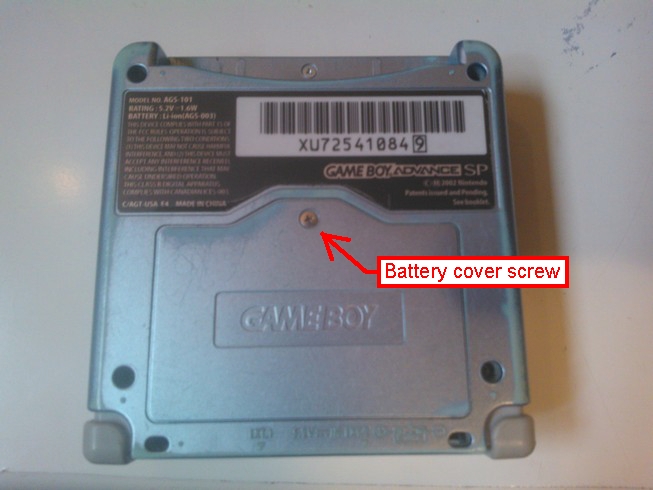 The bottom of a Gameboy Advance SP. The battery cover screw is
				highlighted